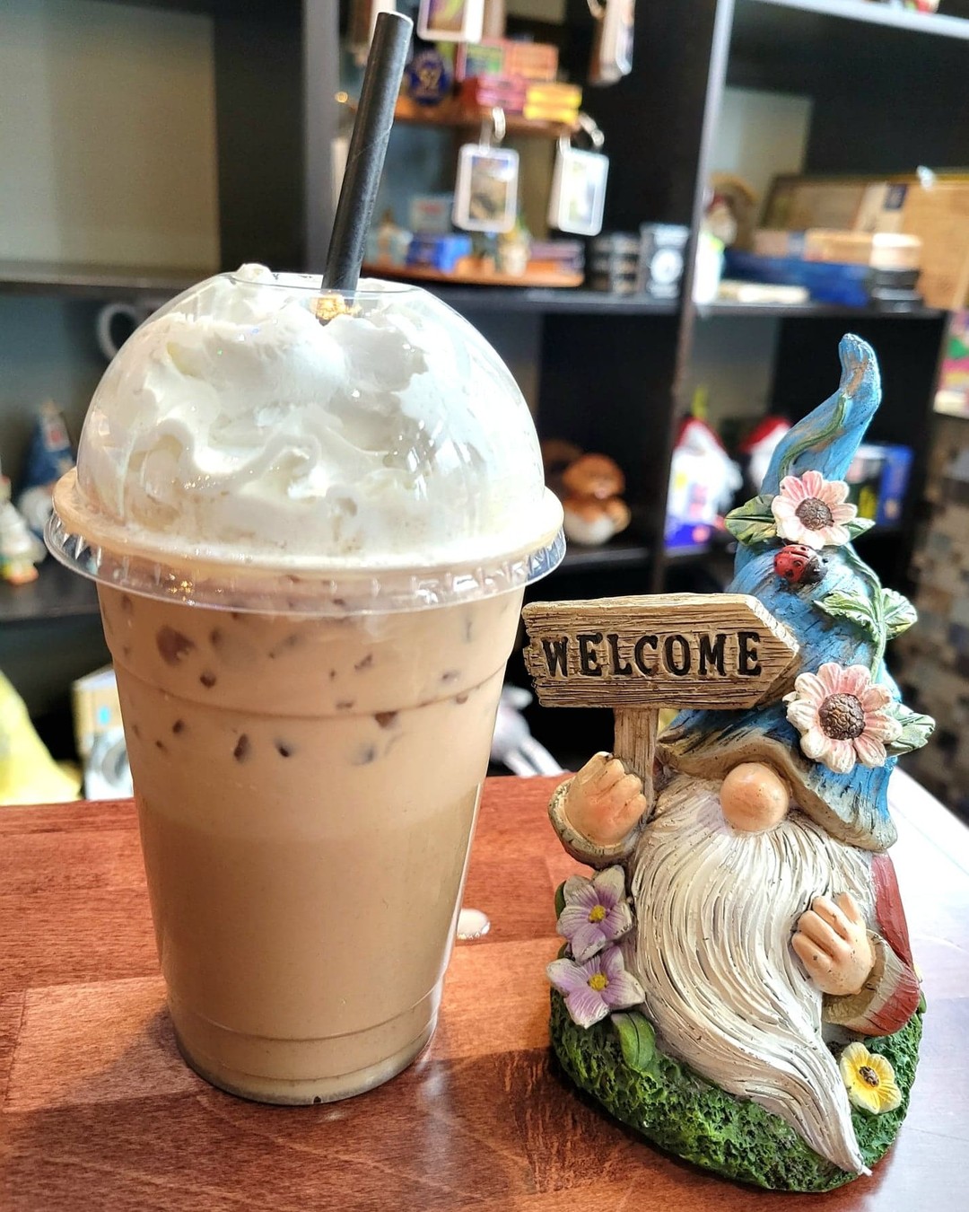 If your fixing for a delicious Iced Latte, think about stopping in a The Gnoshery! The iced latte in this picture is blueberry flavored, the perfect drink as the weather starts to warm!

#gnoshery #gnomegames #coffee #tea #latte